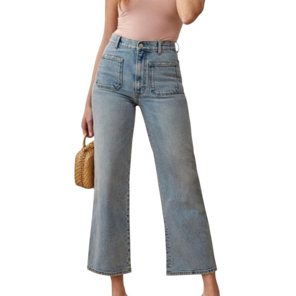 New Reformation Alyssa Patch Pocket High Rise Wide Leg Ankle Jeans 30 Aden Wash